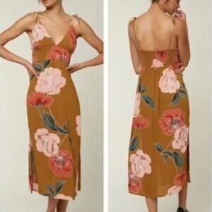 O'Neill Floral Empire Waist Dress Green Botanical Smocked Tie Straps MEDIUM